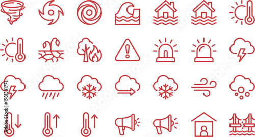 A comprehensive collection of red outline vector icons depicting natural disasters, severe weather events, and essential emergency alerts.