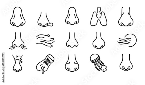 Nose line icon set nasal smell breathe vector collection