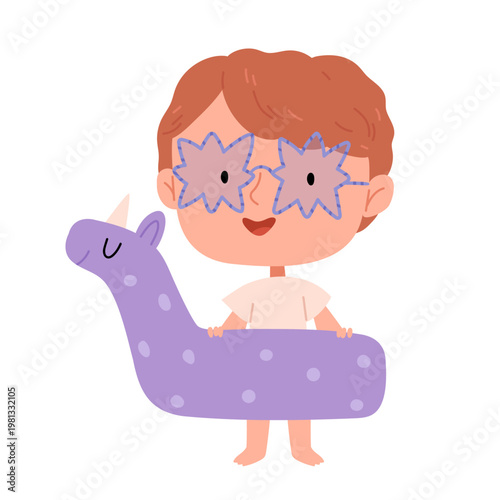 Cute boy with unicorn pool float and star sunglasses, pastel Scandinavian minimal illustration, summer vacation, kids fun and beach concept.