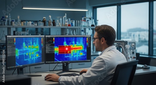 scientist analyzing thermal data in laboratory, Male scientist in laboratory analyzing thermal imaging data on dual monitors, high tech research environment, scientific equipment, modern lab interior