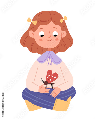 Cute cottagecore girl holding insect, summer mood, pastel Scandinavian minimal illustration, curiosity, nature exploration and childhood discovery concept.