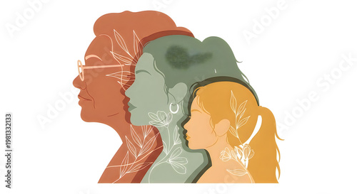 Generational women's profiles, a diverse family lineage illustration. Aging process and female life stages, from young girl to senior woman. Intergenerational connection and empowerment.