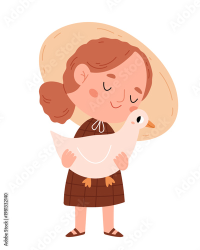 Cute farmer girl holding goose, cottagecore aesthetic, pastel Scandinavian minimal illustration, rural life, farm animals and cozy countryside concept.
