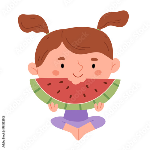 Cute girl holding big watermelon slice, pastel Scandinavian minimal illustration, summer fruit snack, healthy kids food and happy childhood concept.