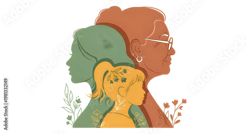 Generational women silhouettes, diverse female profiles representing different ages, family lineage and heritage, mother daughter grandmother bond illustration