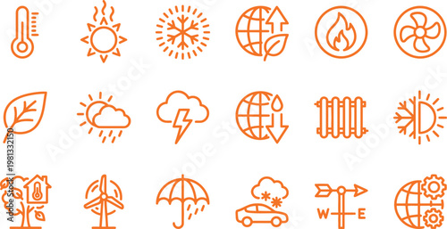 Set of orange line icons representing various weather conditions, climate change, environmental issues and meteorological energy concepts