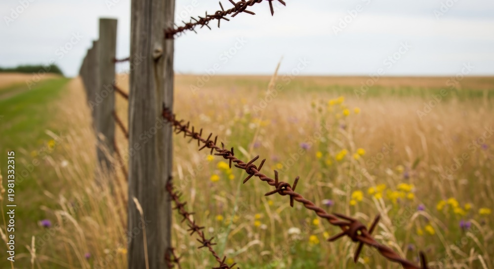 Obraz premium Rustic barbed wire fence in idyllic countryside field