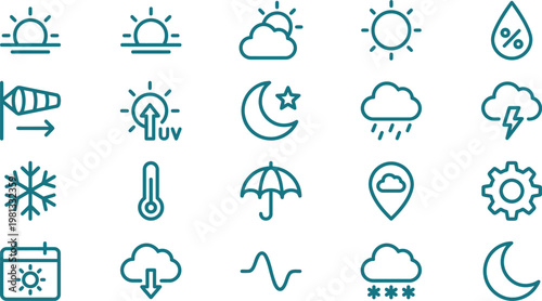 Set of clean blue line icons representing various weather conditions and meteorological symbols for digital interface design