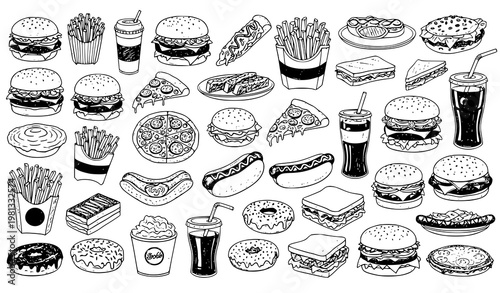 Big Collection of Fast Food Black Ink Scribble Sketch Vector Illustrations Isolated on White Background