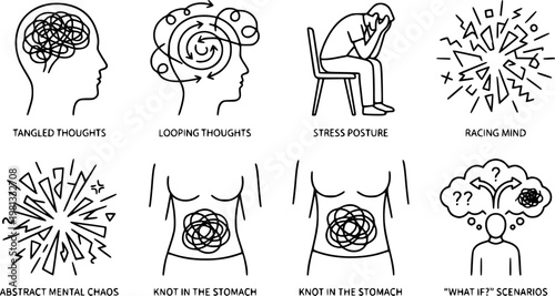 Black line vector set of anxiety and overthinking concepts, tangled brain lines, looping thoughts, stress posture, abstract mental chaos, minimalist outline isolated on white