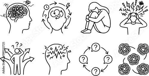Black line vector set of anxiety and overthinking concepts, tangled brain lines, looping thoughts, stress posture, abstract mental chaos, minimalist outline isolated on white