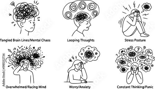 Black line vector set of anxiety and overthinking concepts, tangled brain lines, looping thoughts, stress posture, abstract mental chaos, minimalist outline isolated on white
