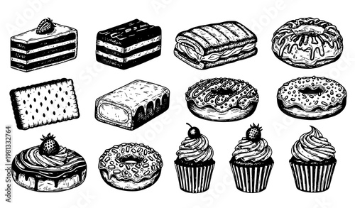 Vintage Hand Drawn Ink Sketch Dessert Collection Featuring Cakes and Pastries in Retro Style Vector Set