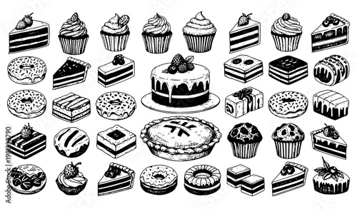 Big Collection of Black Ink Sketch Sweets and Bakery Pastries Vector Set in Retro Hand Drawn Style
