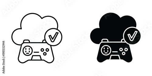 Cloud gaming icons with verification marks on game controllers