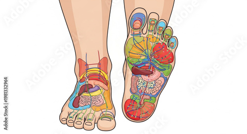 Foot Reflexology Chart Showing Pressure Points for Health.