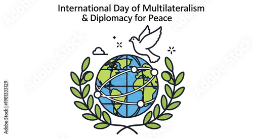 Global peace illustration featuring a dove earth and laurel wreath design