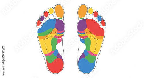 Foot Reflexology Chart Showing Zones and Colors.