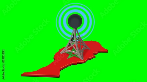 Morocco digital connectivity and telecommunication infrastructure concept. Radio tower on Moroccan map emitting signal waves. Chroma key green screen with alpha channel. (loopable)