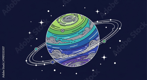 Colorful Planet with Rings and Stars.