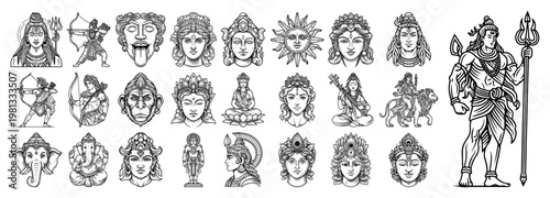 Hindu Gods and Deities Vector Icons Set, Lord Shiva Ganesha Vishnu and Kali Mythology Characters, Traditional Indian Religion Symbols Line Art Illustration