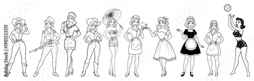 Pin-up Girls Retro Style Vector Collection, Female Characters in Various Costumes Vintage Illustration, Cowgirl Military Nurse and Maid Outfits Line Art