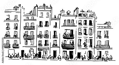 European City Architecture Sketch Vector, Parisian Style Buildings Street View, Hand Drawn Urban Landscape Illustration