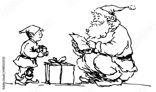 Santa Claus and Elf with Christmas Gifts Vector Illustration, Hand Drawn Winter Holiday Characters Sketch, Father Christmas with Present Box
