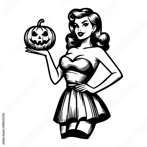 Pin-up Girl with Halloween Pumpkin Vector, Sexy Vintage Woman Holding Jack-o-lantern Illustration, Spooky Seasonal Pinup Poster Art