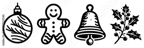 Christmas Holiday Icons Set Vector, Gingerbread Man Ornament Bell and Holly Branch Illustration, Winter Festive Symbols Woodcut Style