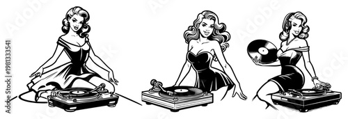 Pin-up DJ Girls with Vinyl Records and Turntables Vector, Retro Style Music Theme Female Characters Illustration, Vintage Party Girl Set