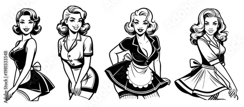 Pin-up Girls Waitress and Maid Set Vector, Retro Style Female Characters in Uniform Illustration, Vintage 1950s Housewife Line Art