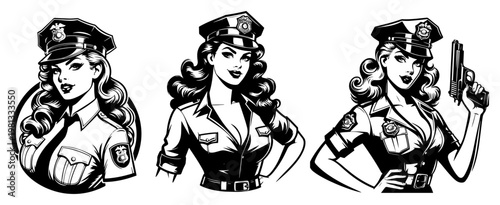Pin-up Police Officer Women Vector Set, Female Cop Characters in Uniform and Hat Vintage Illustration, Law Enforcement Retro Style