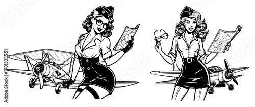 Pin-up Aviator Girls with Retro Biplane Vector, Vintage Female Pilot Characters with Maps Illustration, Aviation 1940s Style Line Art