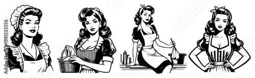 Pin-up Housewife and Maid Characters Vector, Vintage Woman in Apron with Cleaning Basket Illustration, Retro 1950s Domestic Lifestyle