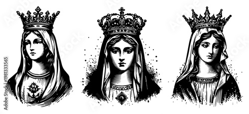 Virgin Mary Madonna portraits with Crown Set Vector, Blessed Mother Queen of Heaven Vintage Illustration, Sacred Religious Engraving