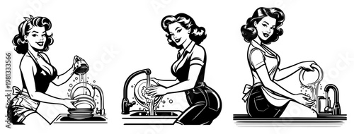 Pin-up Girls Washing Dishes and Housework Vector, Retro Style 1950s Housewife Kitchen Illustration, Vintage Woman Cleaning Line Art