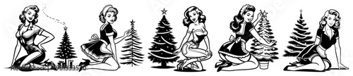 Pin-up Girls with Christmas Trees Vector Set, Retro Style Winter Holiday Female Characters, Vintage Xmas Celebration Line Art