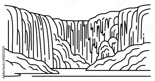 Waterfall Landscape Line Art Vector, Hand Drawn Nature Scenery of Cascading Water and Cliffs, Scenic River and Rocks Illustration