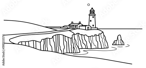 Lighthouse on Coastal Cliff Vector Illustration, Minimalist Maritime Landscape Line Art, Sea Shore and Nautical Landmark Sketch