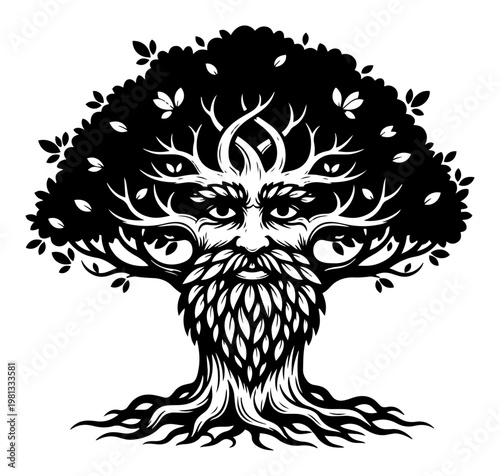 Tree of Life with Face Spirit of Nature Illustration, Mythical Ent Green Man Character Vector, Old Oak Tree Root and Leaves Woodcut