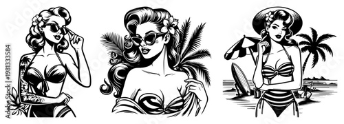 Pin-up Girls Summer Beach Collection Vector, Vintage Sexy Women in Bikini with Palm Trees, Retro Tropical Vacation Characters