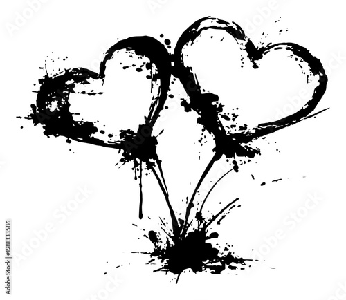 Two Hearts with Ink Splatter Grunge Vector, Stylized Love Balloons or Flowers Illustration, Abstract Valentine Day Graphic