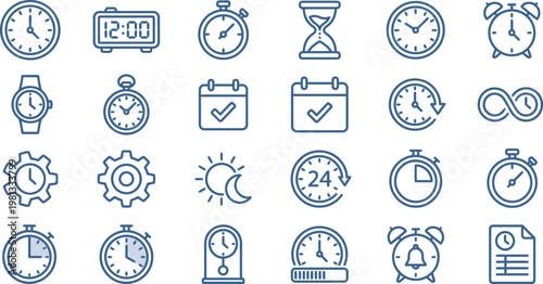 A comprehensive collection of thin blue line icons representing various time tracking and clock measurement tools styles