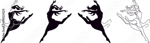 Composition of flying ballerina figures combining solid silhouette and thin line art styles for artistic expression and motion.