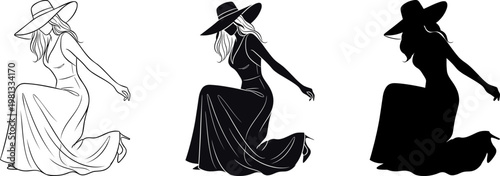 Sequence of fashionable woman kneeling in evening gown with wide brim hat in outline and solid silhouette styles.
