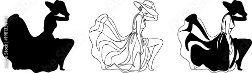 Elegant woman in large sun hat and flowing dress presented in silhouette and continuous line drawing variations.