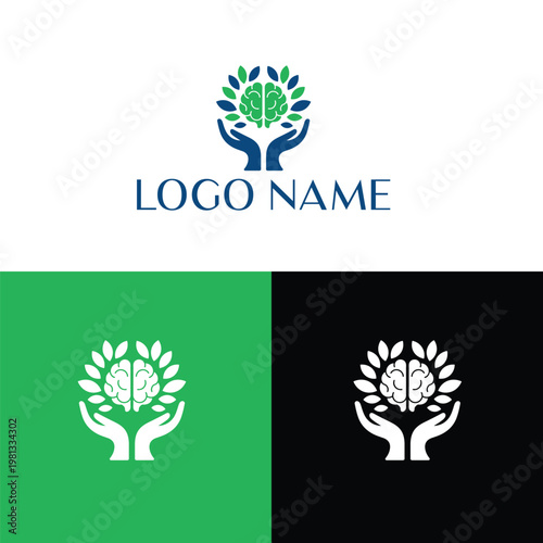 A logo design featuring a brain with leaves and hands in three different color variations