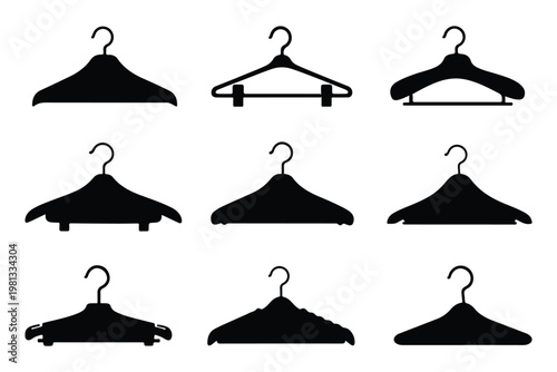 Clothes hanger icon set. Silhouette of clothes hanger vector set collection. Minimalistic Linear icon of cloths hanger symbol. Wooden suit hanger icon set. Hanger icon set. EPS 10. 