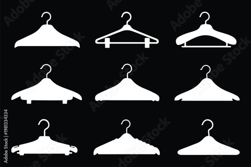 Clothes hanger icon set. Silhouette of clothes hanger vector set collection. Minimalistic Linear icon of cloths hanger symbol. Wooden suit hanger icon set. Hanger icon set. EPS 10. 